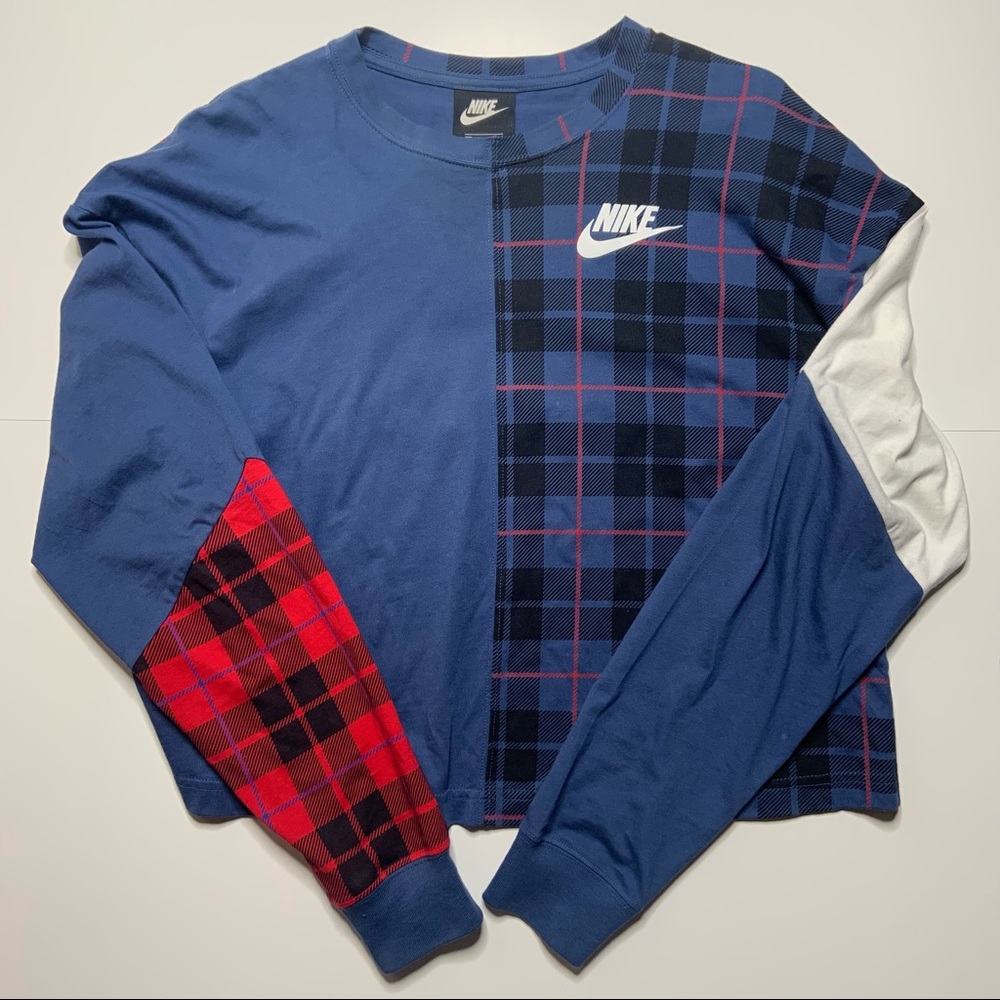 Nike Blue/Red Plaid Crop Crewneck Long Sleeve Tee